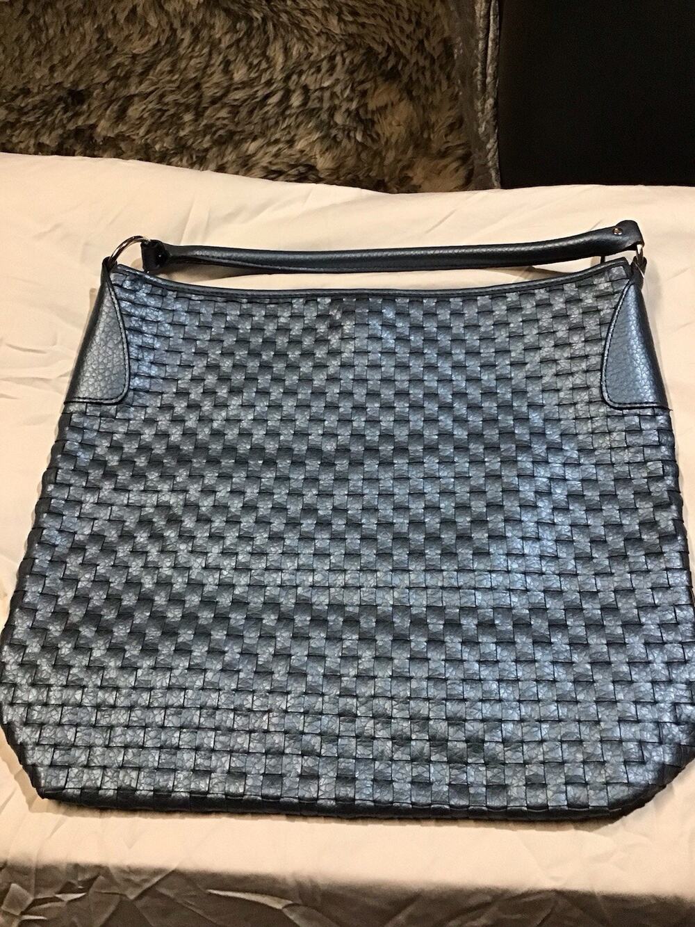 Davidoff Black Woven Leather Shoulder Bag Tote Handbag Hobo Blue Lined